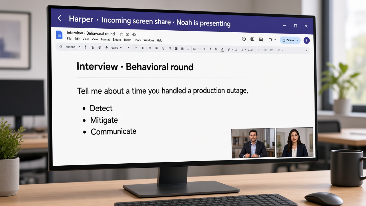 Interviewer Teams window. Incoming screenshare looks normal with no overlay.