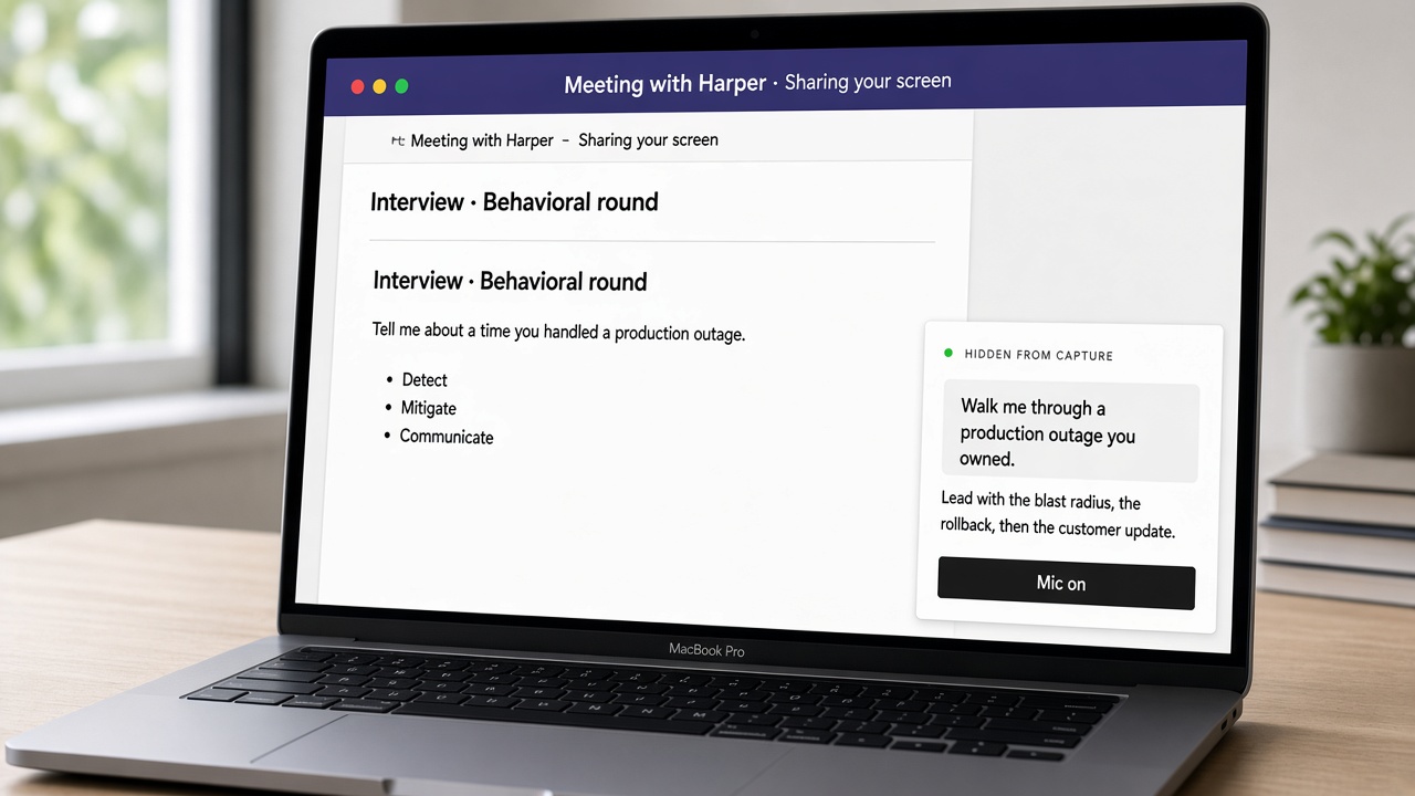 Your laptop during a Teams screenshare. Overlay AI is visible with Mic on.